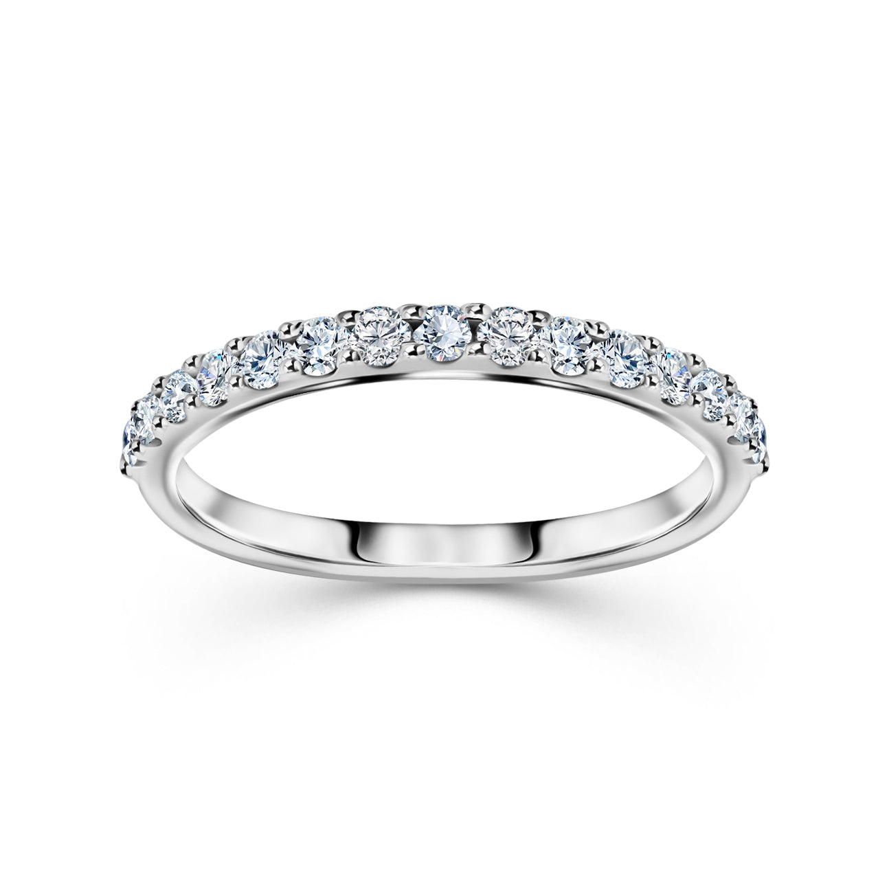 White gold half-eternity band with a row of round diamonds set across the top.