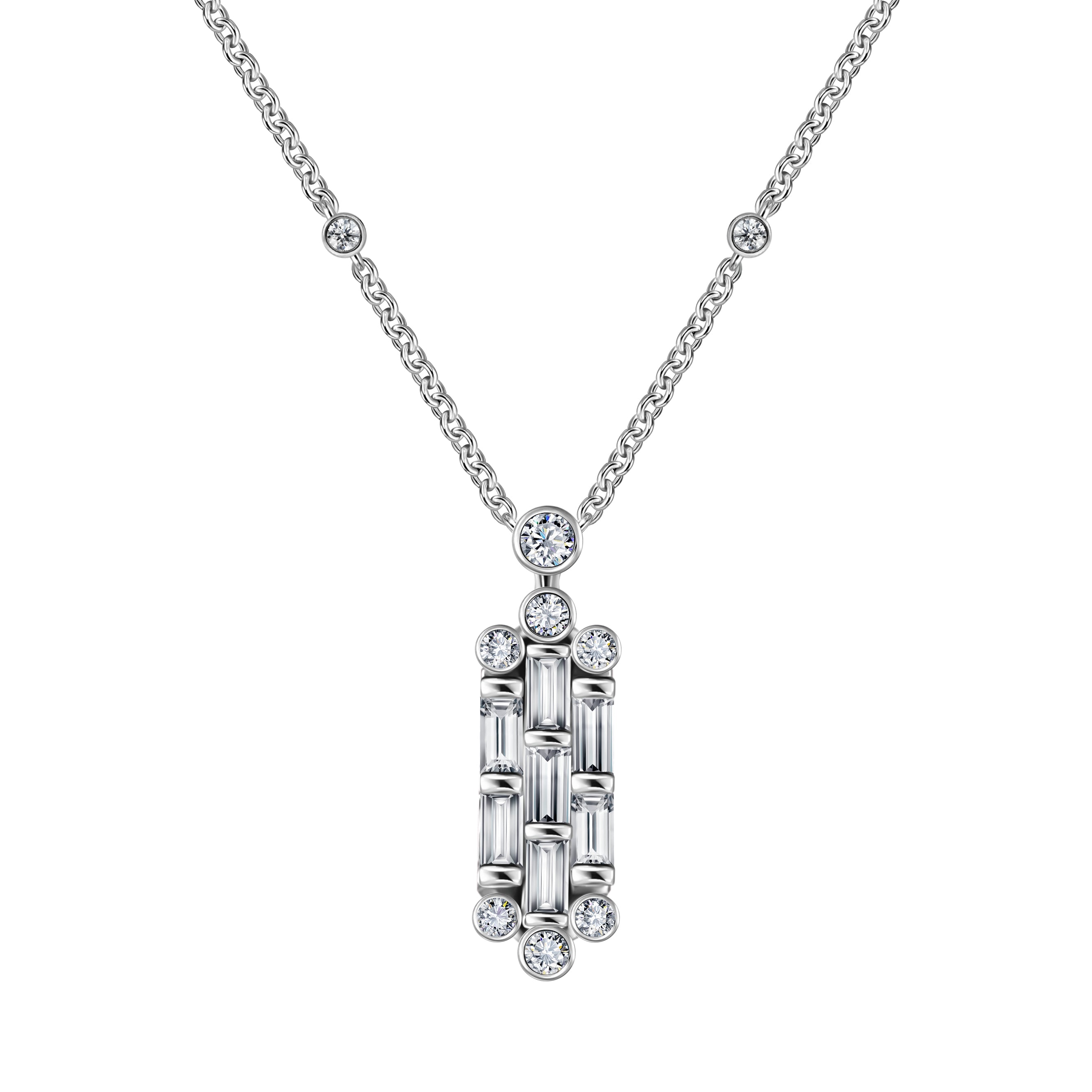 White gold necklace with a geometric drop pendant featuring baguette and round diamonds on a chain