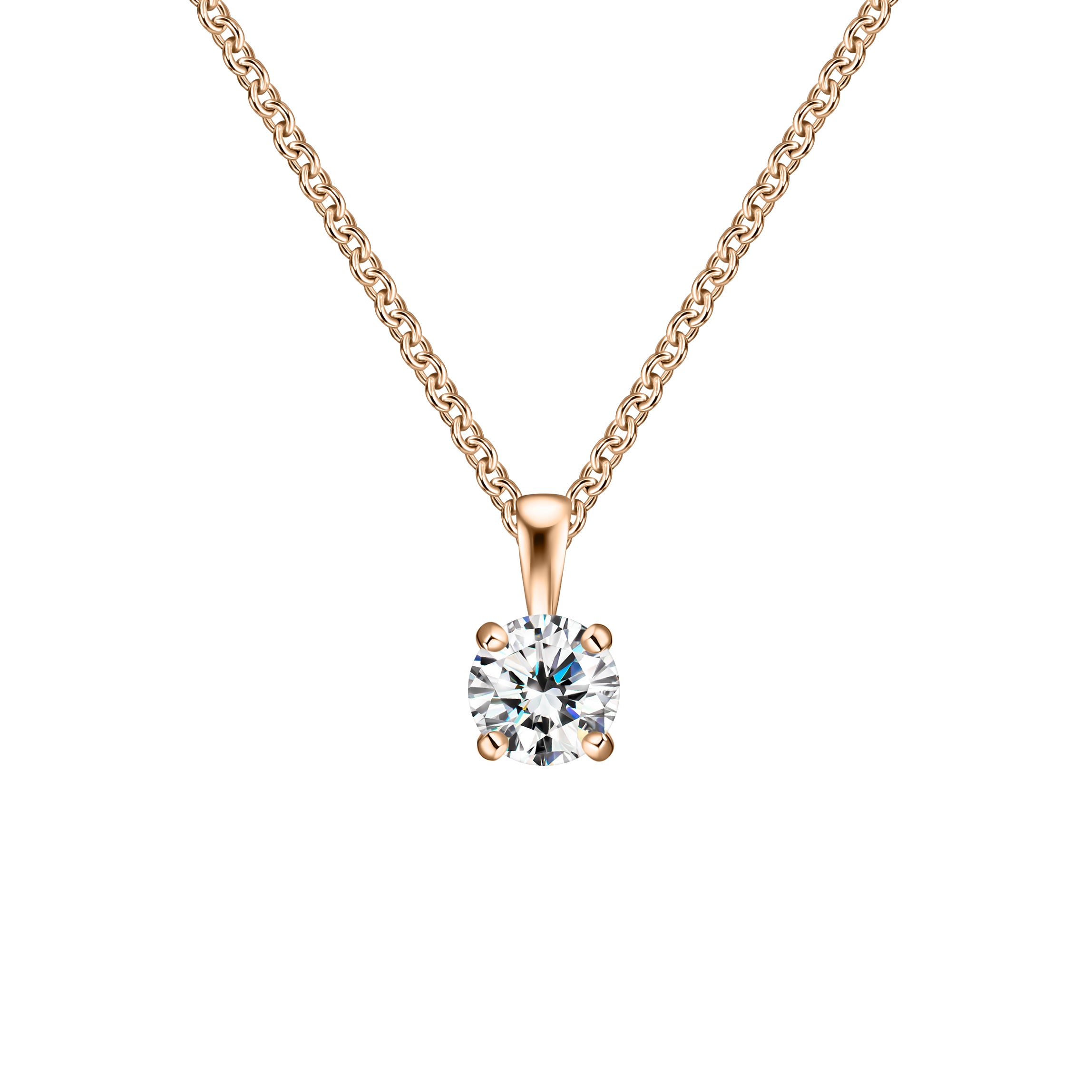 Rose gold solitaire diamond pendant necklace on a cable chain, with a round diamond in a four-prong setting.