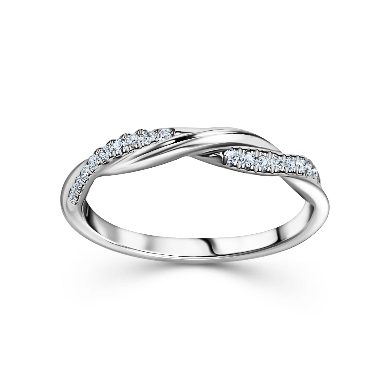 White gold twisted band ring with pavé-set round diamonds along two crossing strands. Photograph taken at our Jewellery Store in Plymouth.