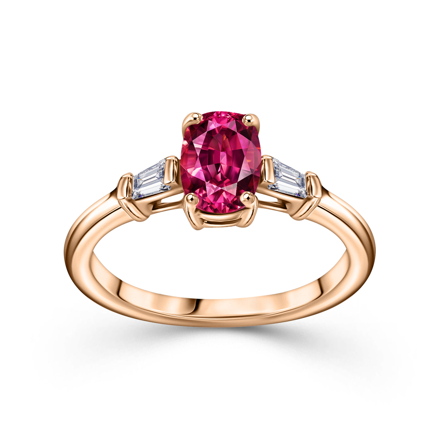 Rose gold three-stone ring with an oval pink gemstone center and two tapered baguette diamond side stones. Photograph taken at our Jewellery store in Plymouth.