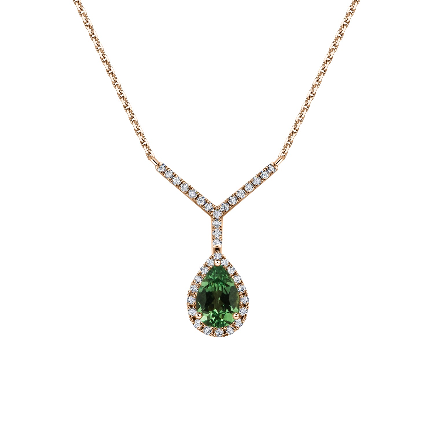 Rose gold Y-necklace with pavé diamonds and a pear-shaped green gemstone pendant surrounded by a diamond halo.