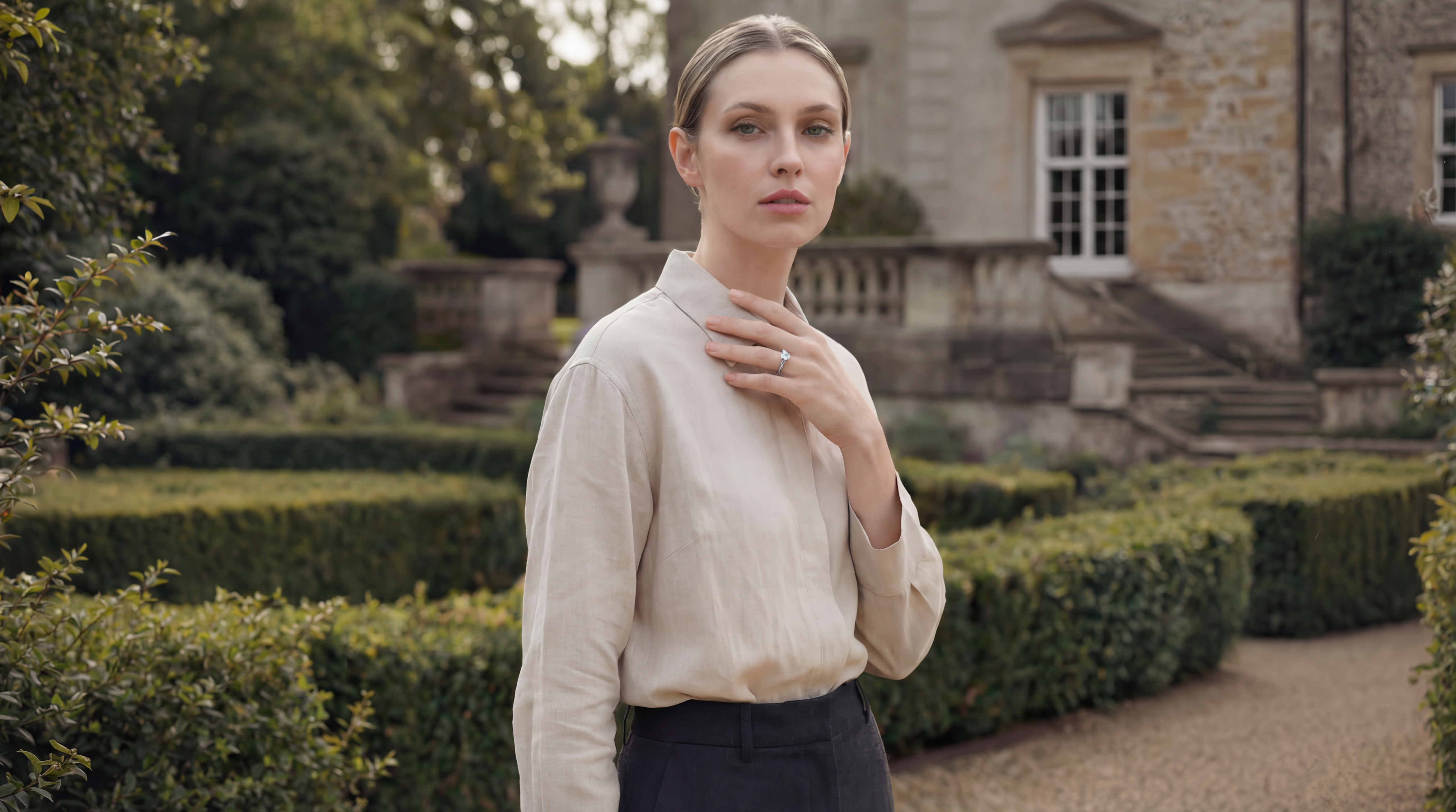 Woman standing in a garden with a classical building in the background wearing a platinum diamond solitaire ring