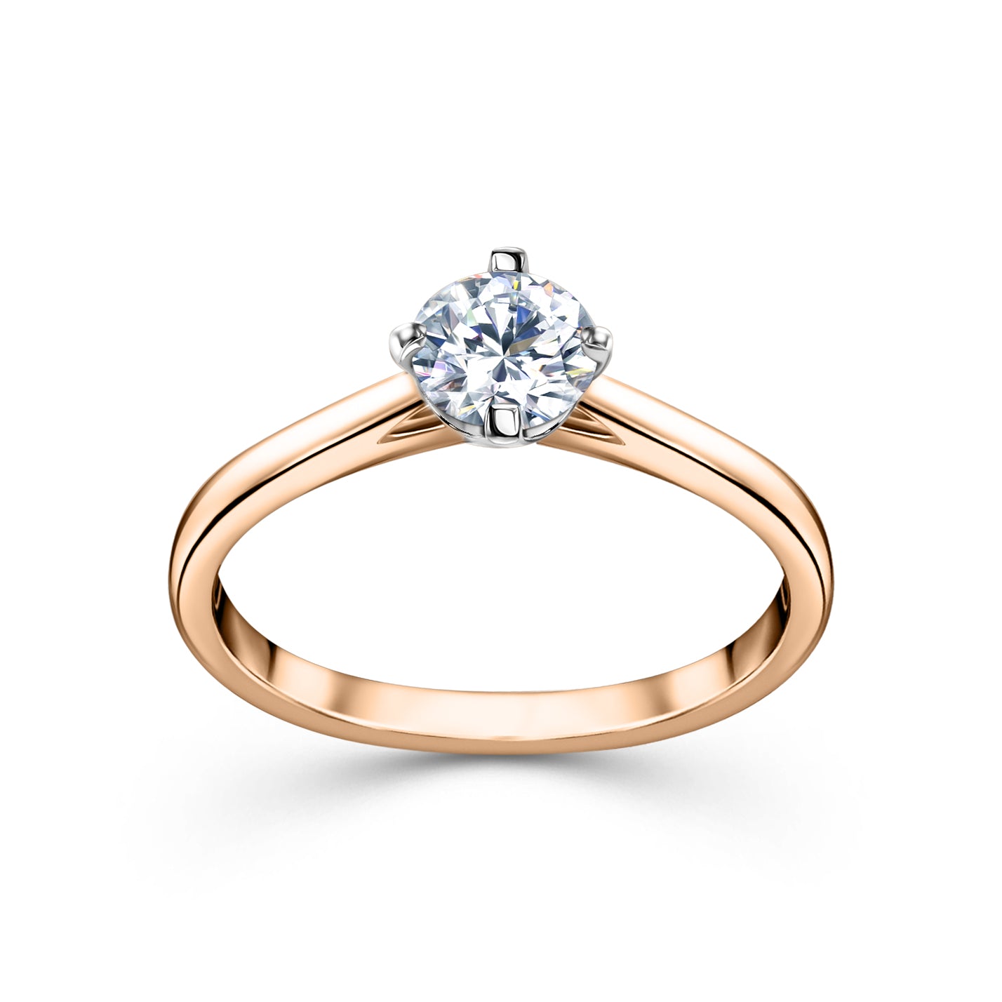 Rose gold solitaire engagement ring with a round diamond in a four-prong white gold setting. Photograph taken at our Jewellery Store in Plymouth, Devon.