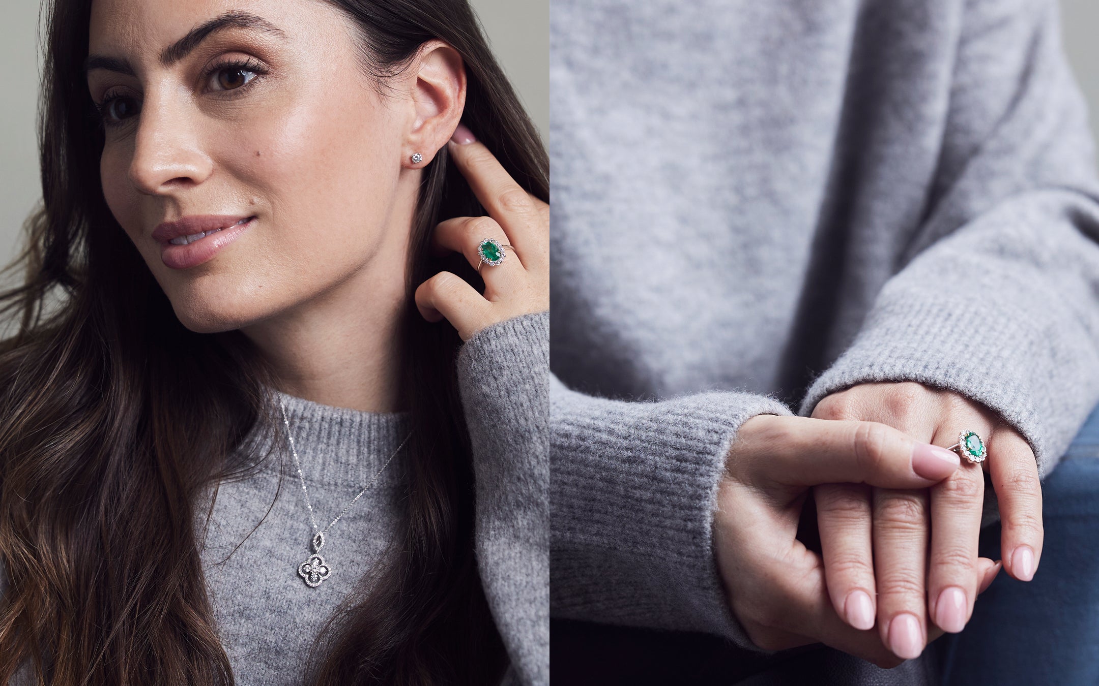 woman wearing an emerald and diamond cluster engagement ring and an 18ct white gold diamond clover pendant necklace