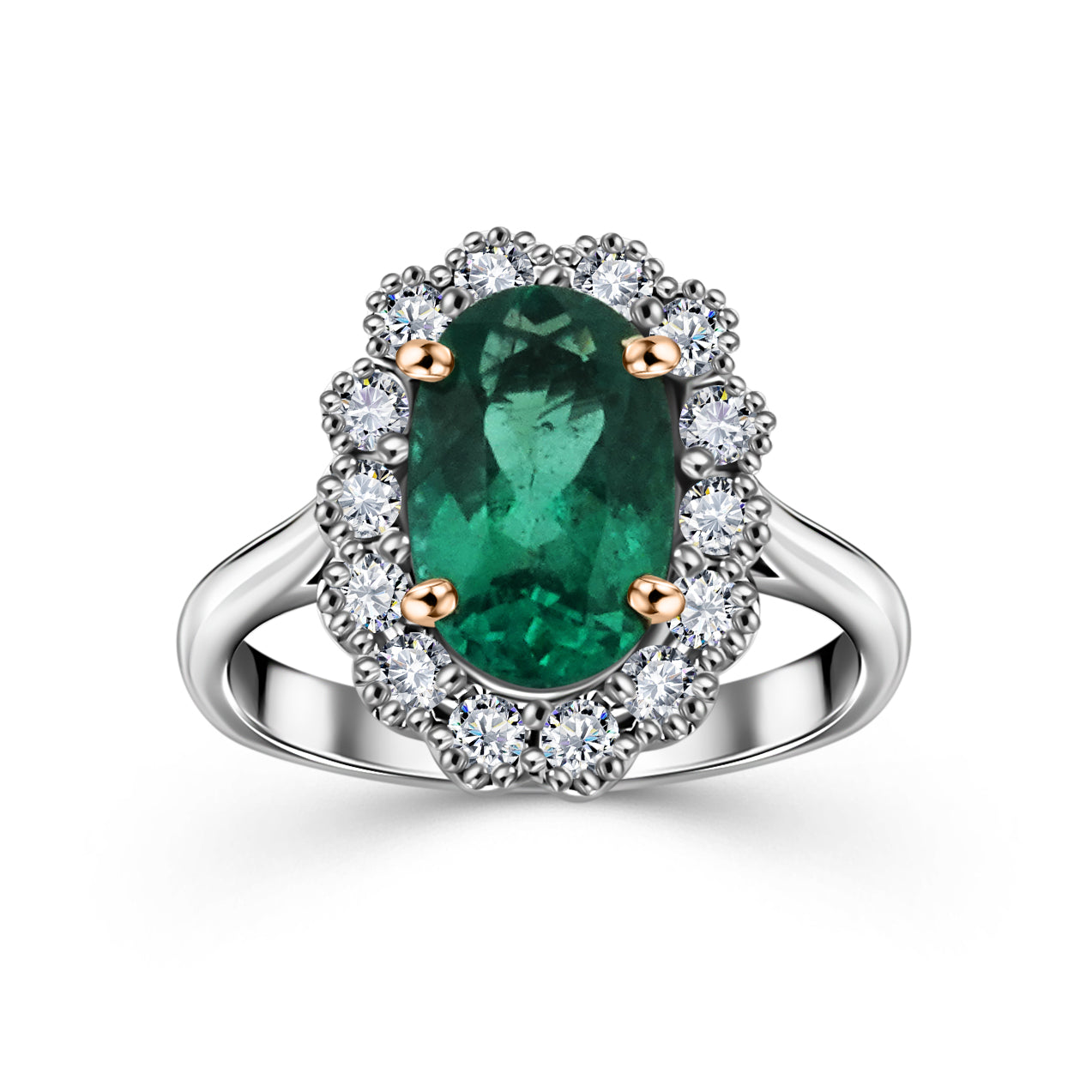 White gold halo ring with an oval green emerald center stone surrounded by round diamonds, with yellow gold prongs.