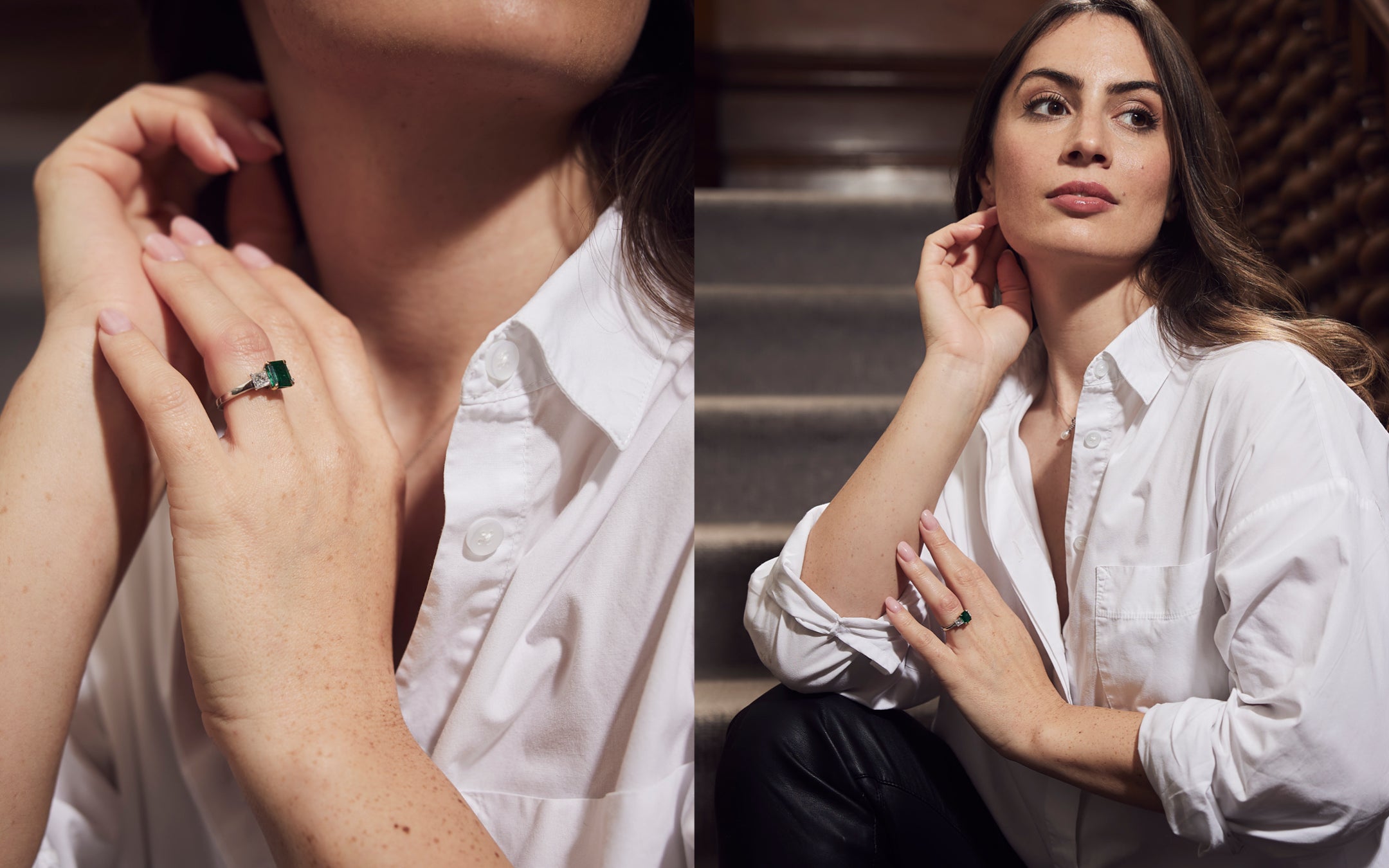 Model wearing an emerald and diamond ring in a lifestyle shoot at Robins + Robins jewellers in Plymouth.