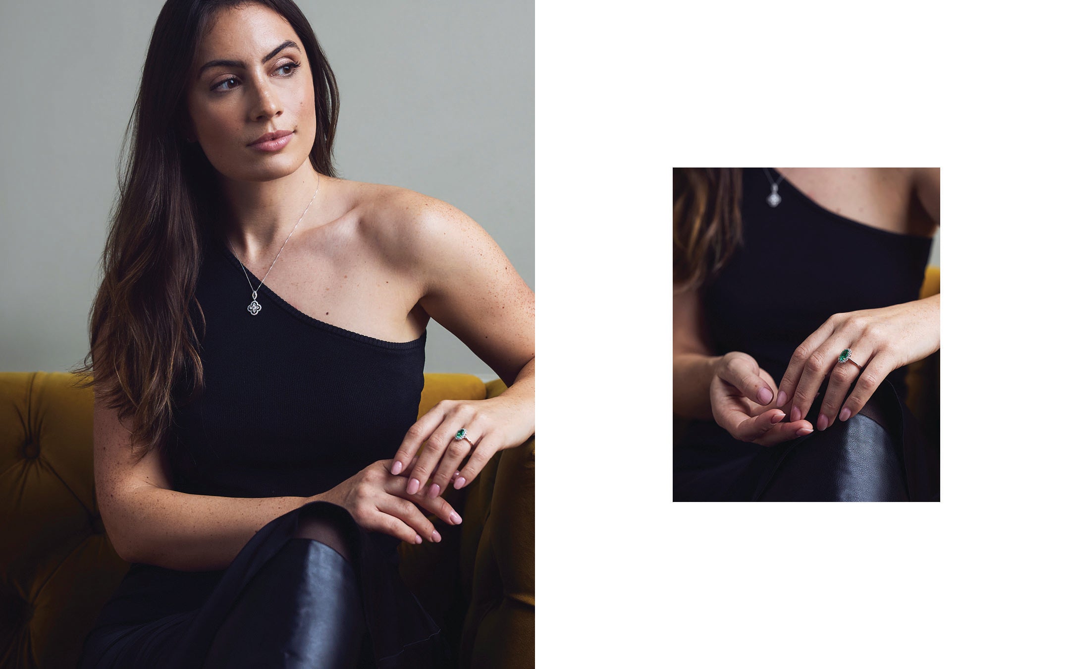 Woman sitting on a sofa wearing a silver clover pendant necklace and an emerald ring; inset shows a close-up of the ring on her hand.