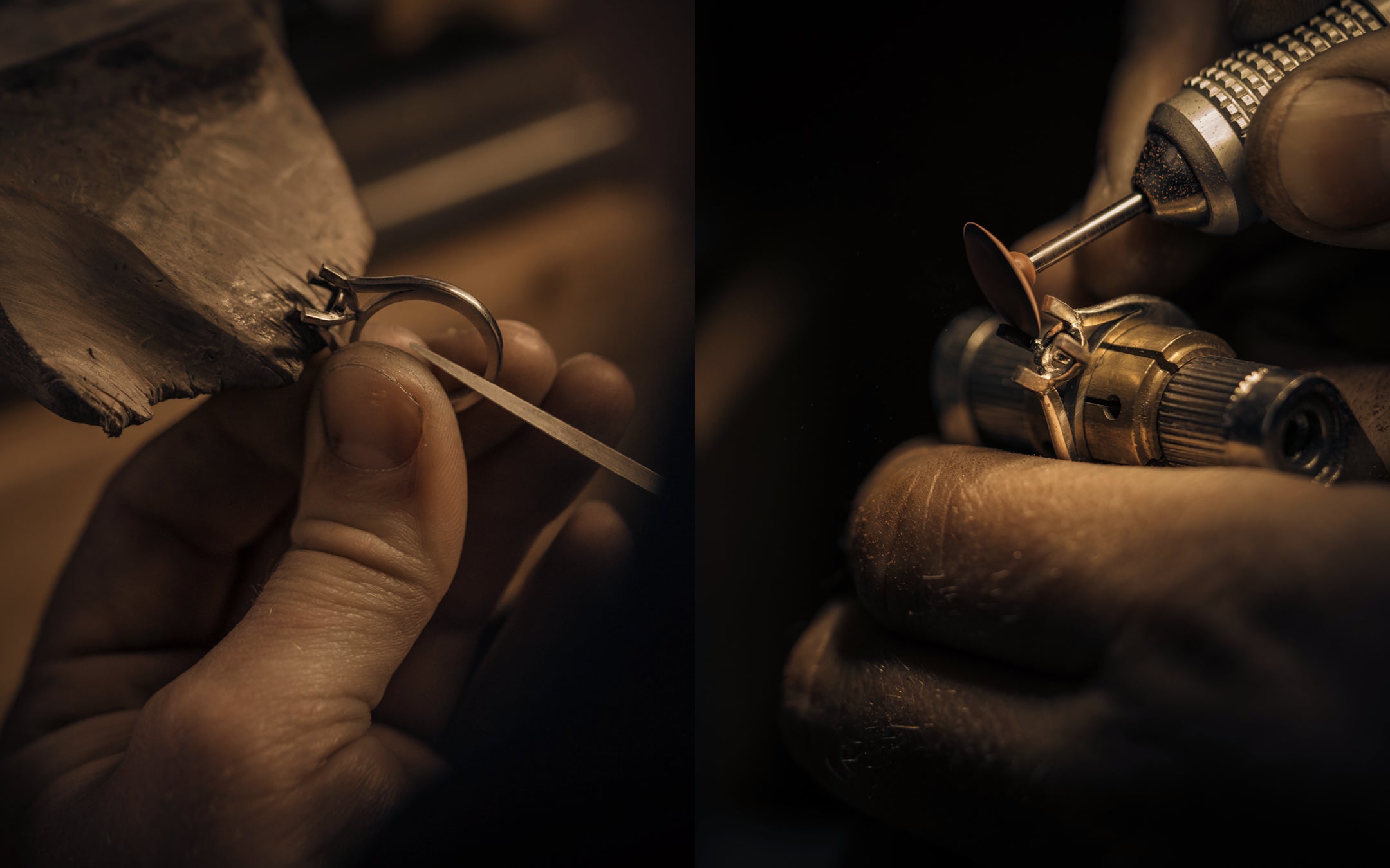 Craftsman carefully working on a ring during the jewellery-making process in our Plymouth Jewellery Store.