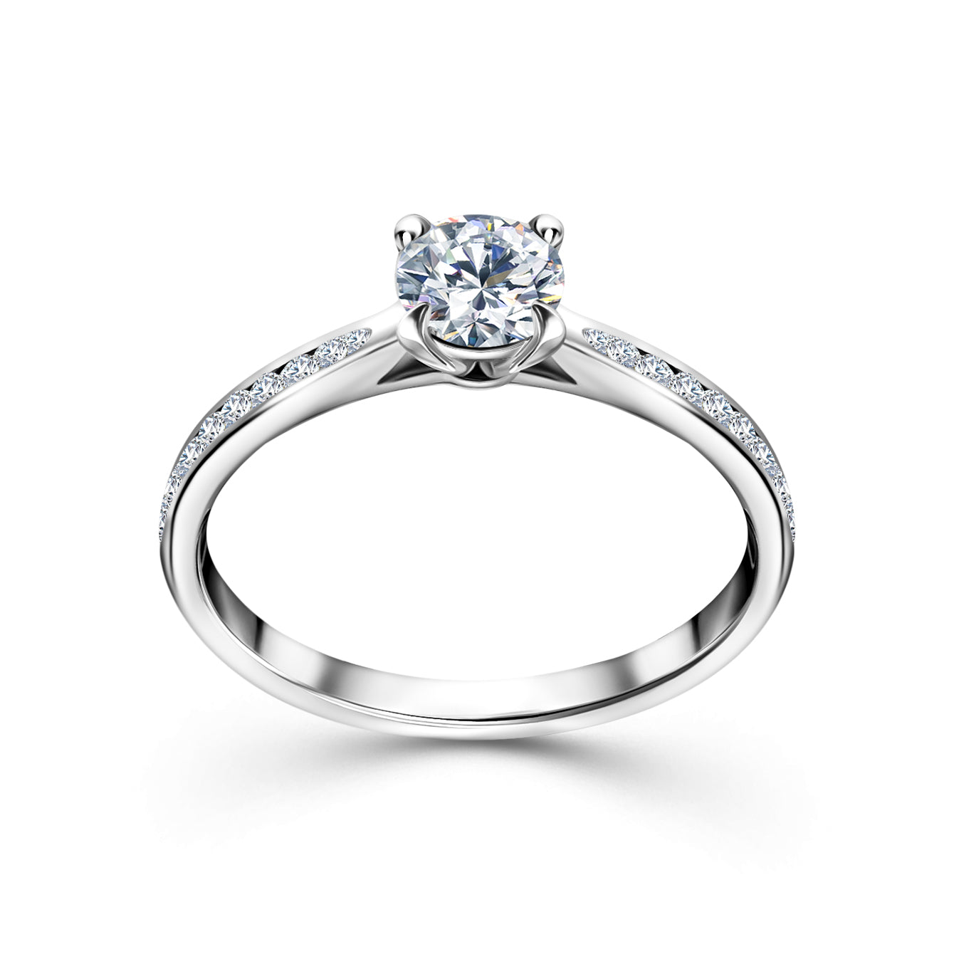 Diamond solitaire engagement ring with pavé band in white gold