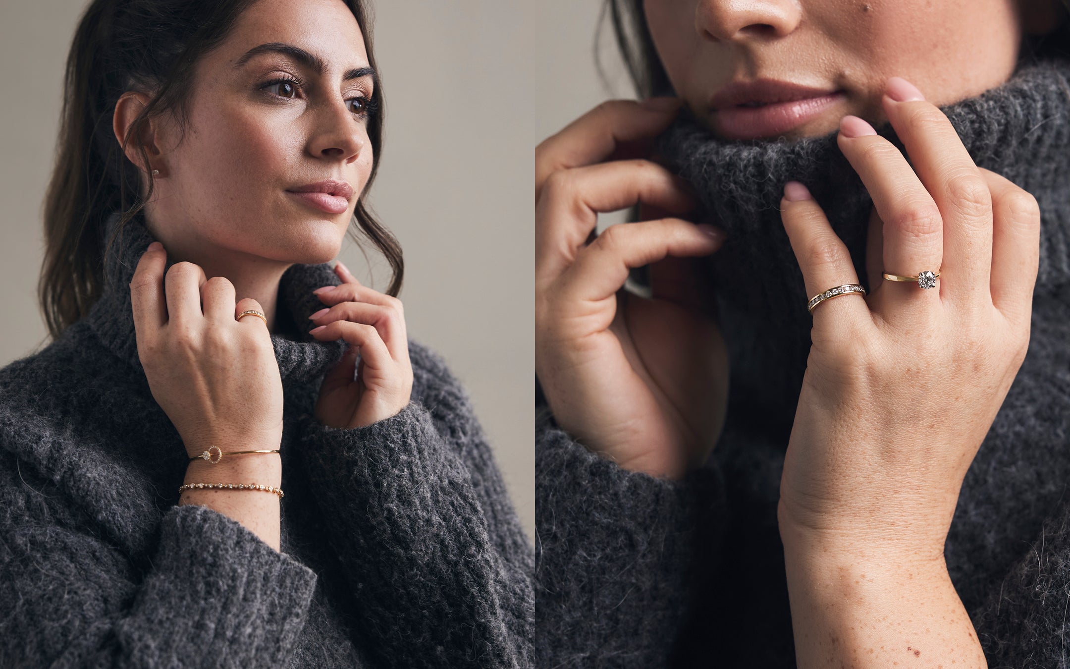 Close-up of a model wearing bracelets and two gold rings including a diamond ring