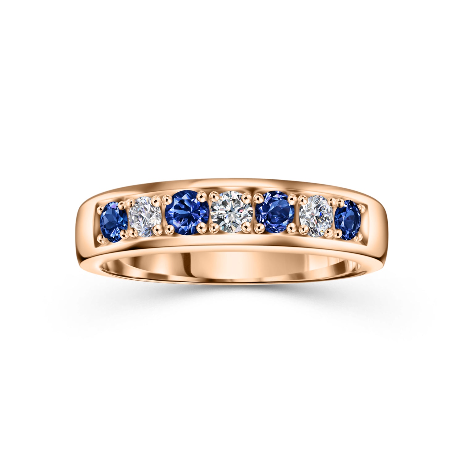 Rose gold sapphire and diamond eternity ring with alternating blue stones